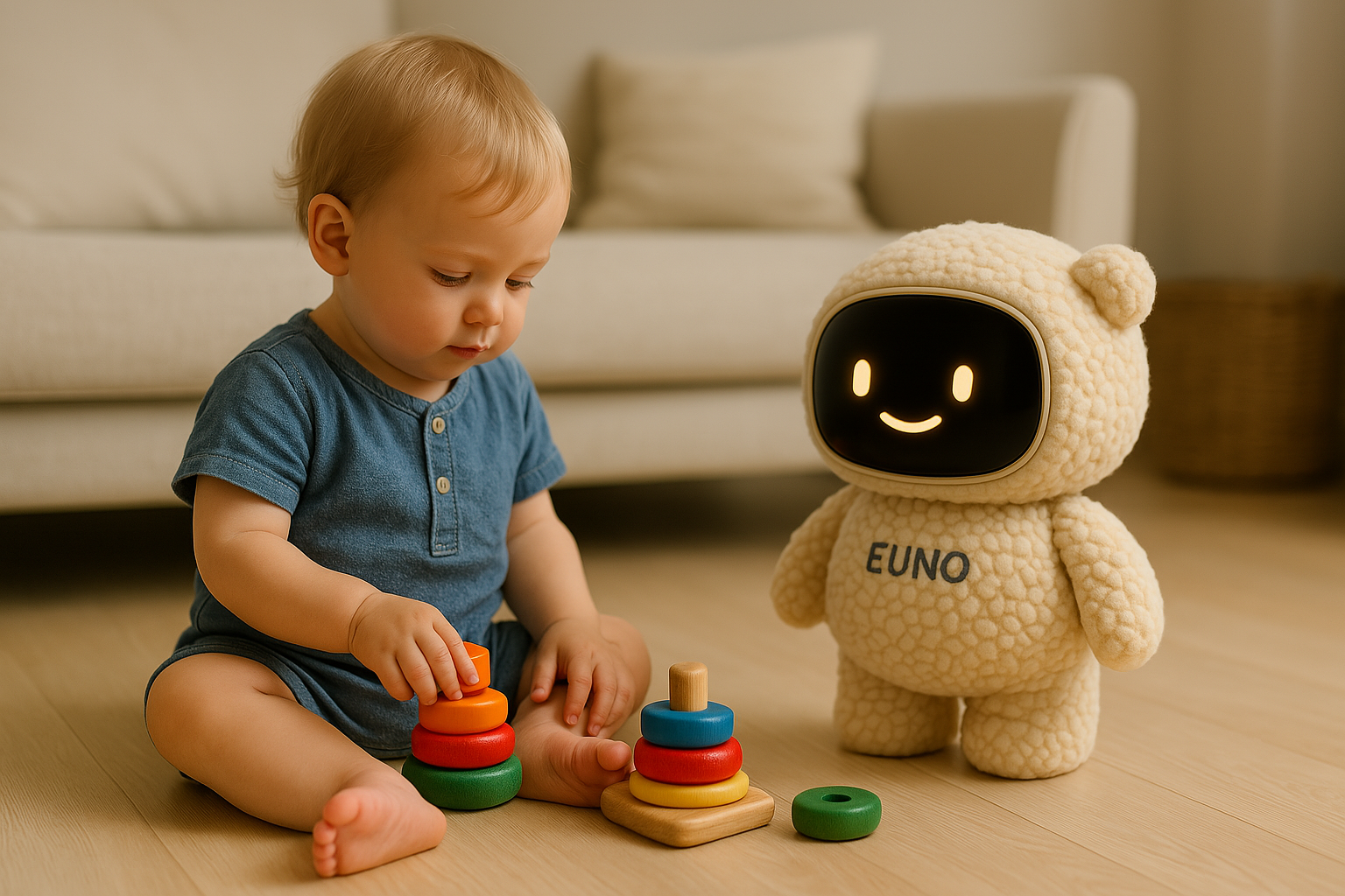 Euno beige molletonné qui joue avec un bébé